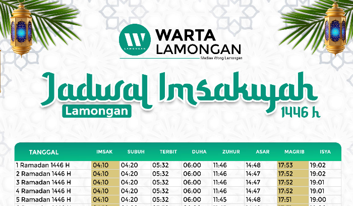 Jadwal Imsakiyah Ramadhan 1446 H Wilayah Lamongan dan Sekitarnya